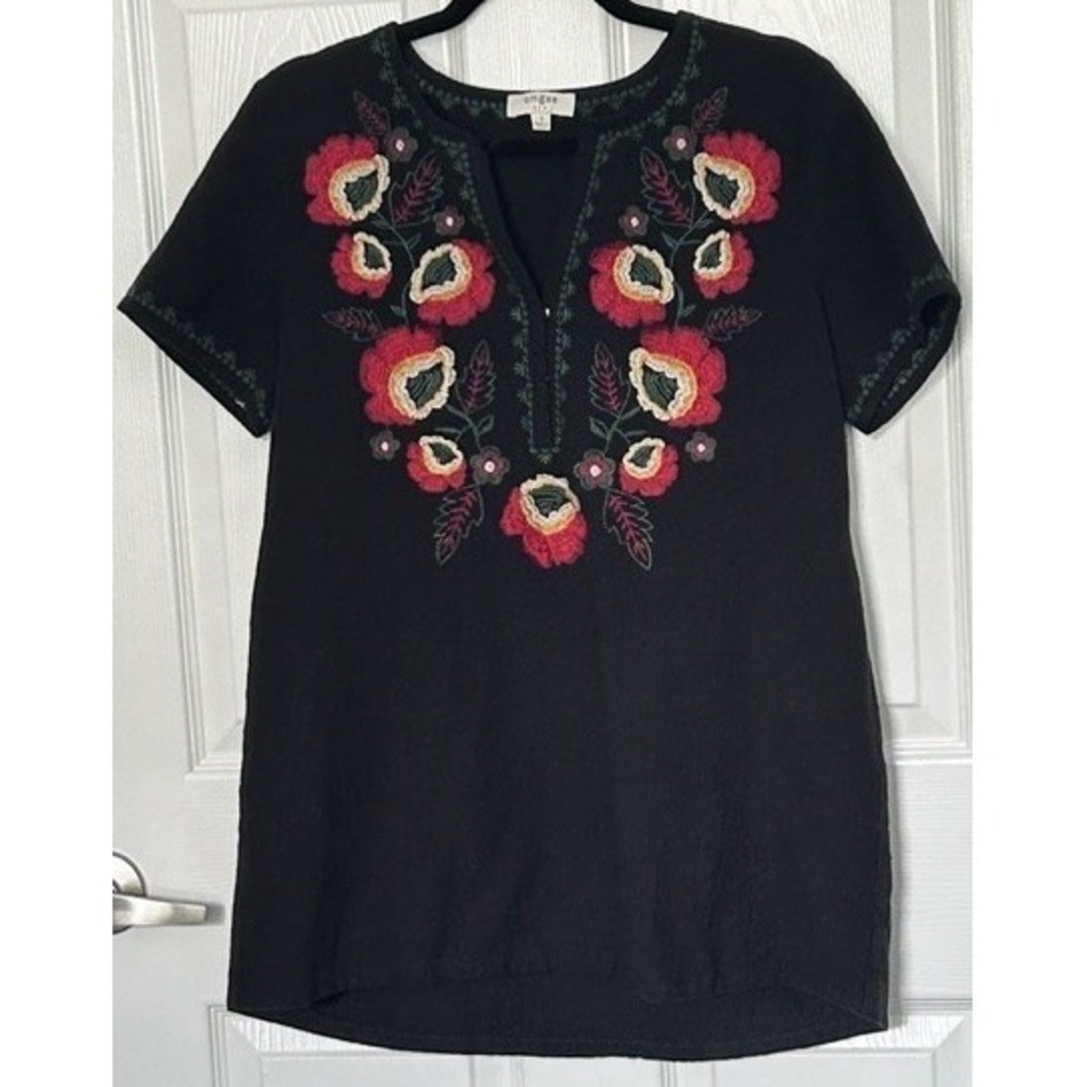 Umgee Black Embroidered Floral Tunic Folk Art Artisan Boho Pockets Cotton Small